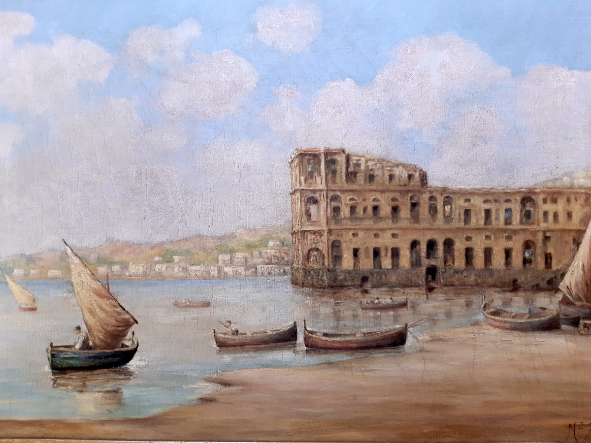 HST Vue De Naples Palais Donna Anna Palazzo Donn`Anna 1900  Tableau signé Italie Venise