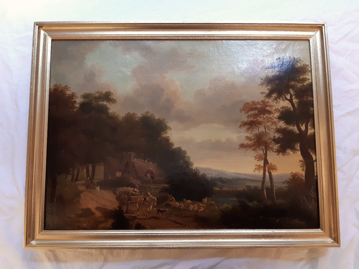 HST Scène bucolique animée XVIII°/XIX° signé Delaplace Campagne Ferme Personnages Animaux-photo-2