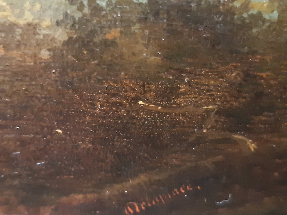 HST Scène bucolique animée XVIII°/XIX° signé Delaplace Campagne Ferme Personnages Animaux-photo-1