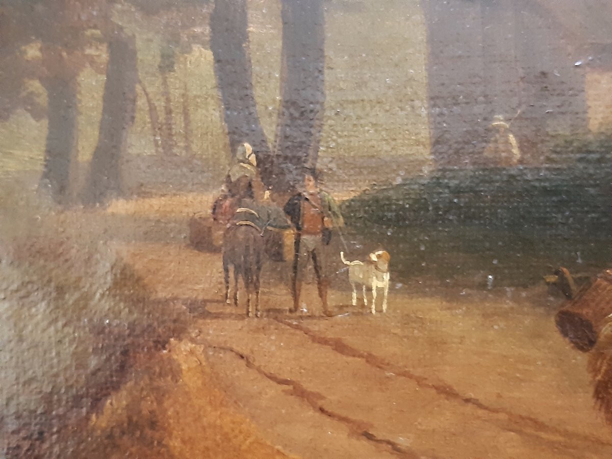 HST Scène bucolique animée XVIII°/XIX° signé Delaplace Campagne Ferme Personnages Animaux-photo-4