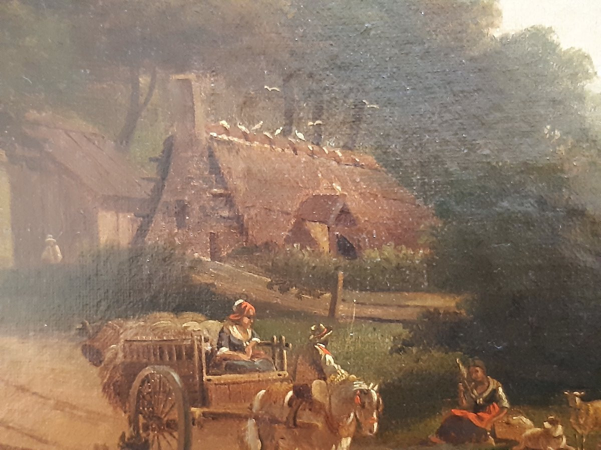 HST Scène bucolique animée XVIII°/XIX° signé Delaplace Campagne Ferme Personnages Animaux-photo-7
