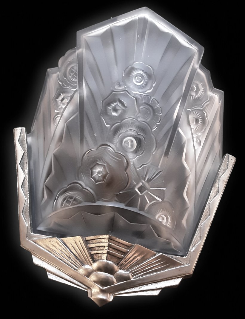 Art Deco 1930 Paire d’appliques signées verre metal lampes murales art déco luminaire verrerie -photo-4