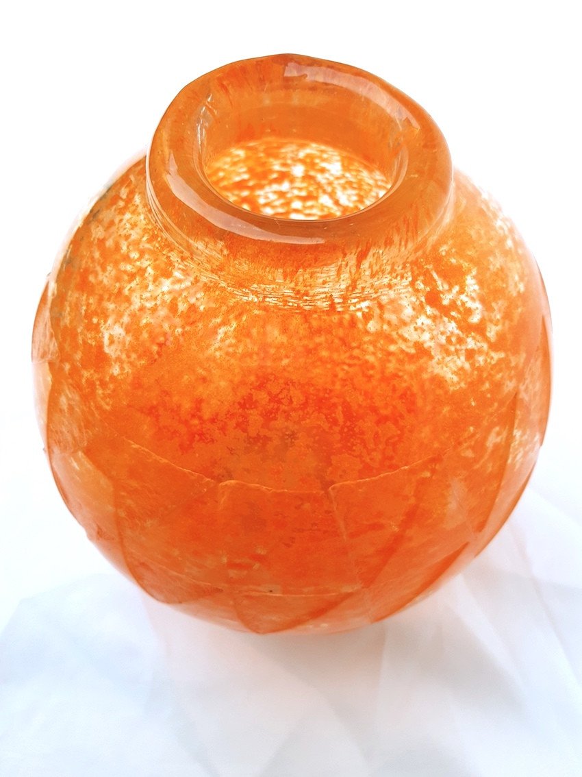 Grand Vase Art Deco 1930 Pate De Verre Orange Gravure Acide Signé Degué Motifs Géométriques-photo-5