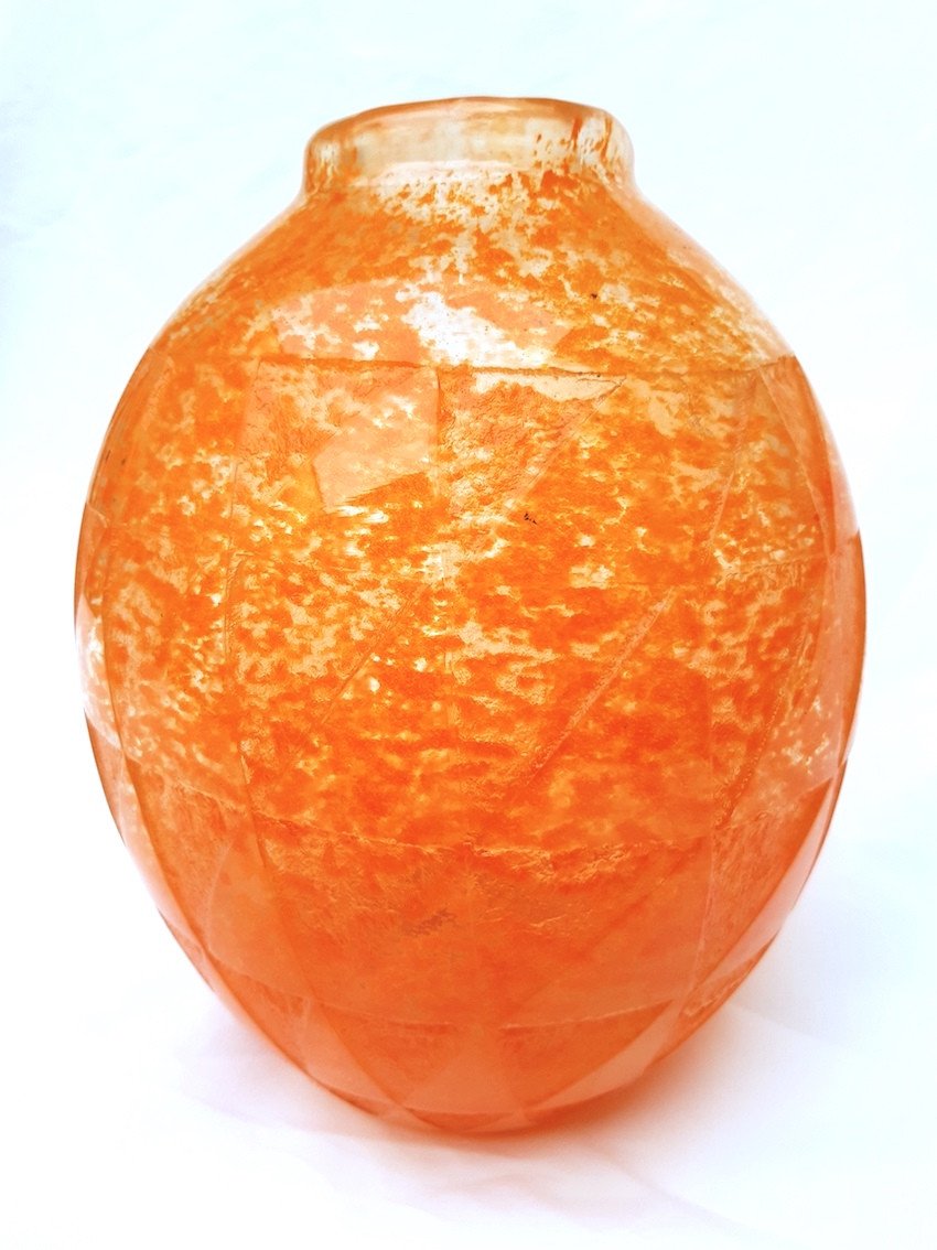Huge 1930s Art Deco Vase Geometric Patterns Bright Orange Acid Etched Pate De Verre Glass Vase -photo-6