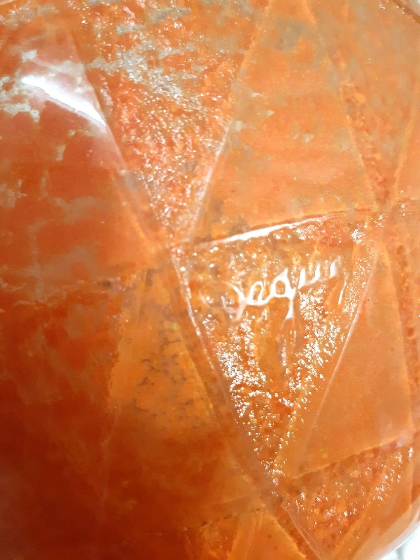 Grand Vase Art Deco 1930 Pate De Verre Orange Gravure Acide Signé Degué Motifs Géométriques-photo-7