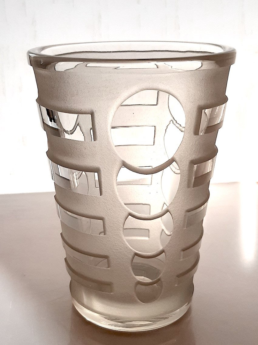 Grand Vase Art Deco 1930 Géométrique Gravé à L’acide Signé Design Jean Luce