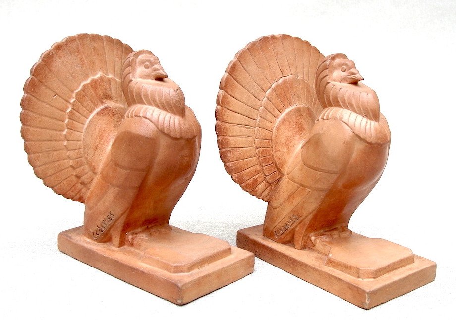 Art Deco Pair Terracotta Bookends 1930 Geometric Sculpture Pigeons Signed Charles-photo-3