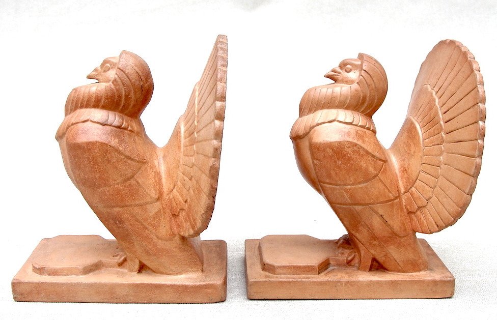 Art Deco Pair Terracotta Bookends 1930 Geometric Sculpture Pigeons Signed Charles-photo-3