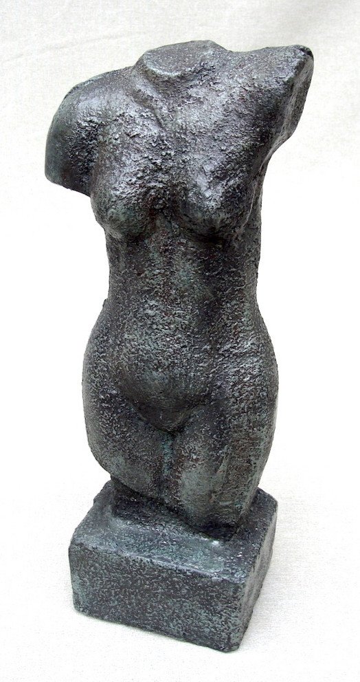 1930 Art Deco Terracotta Sculpture - Female Nude - Torso - Dark Green Patina