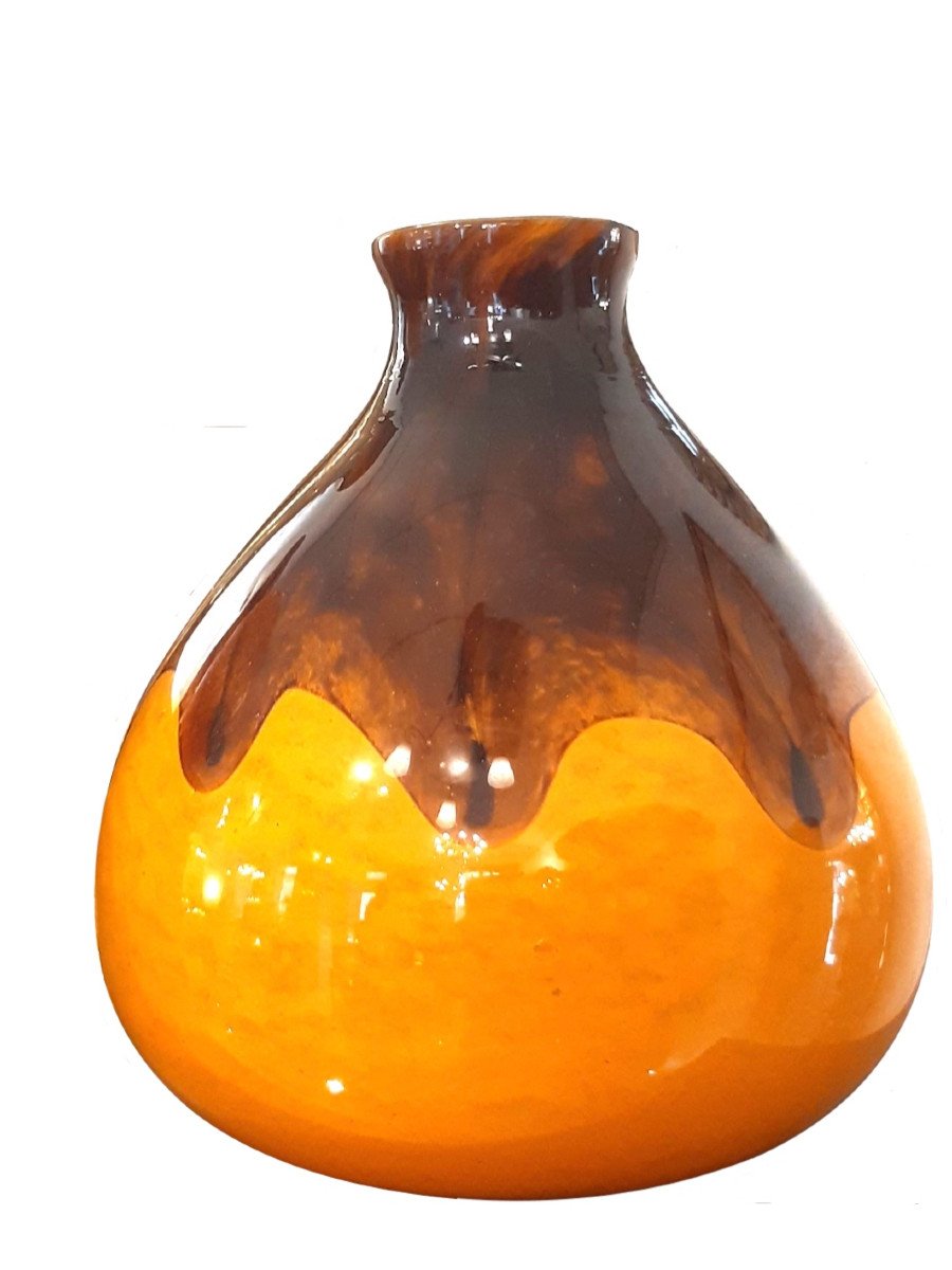 French Art Deco Pate De Verre Art Glass Vase Signed Degué 1930 Orange Brown-photo-2