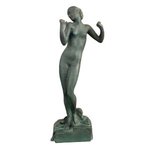 Le Faguays - Sculpture Bronze Art Deco 1930 - 27 cm Femme Nue Bronze Patiné Nymphe signé signed