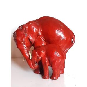 Cacciapuoti - Elephants Rouge Terre Cuite Sculpture Art Deco 1930 Elephant Maternité