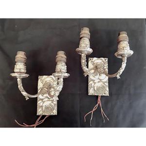 Pair Of Art Deco Silvered Bronze 1925 4 Lights Sconces In The Manner Of Sue Et Mare Wall Lamp