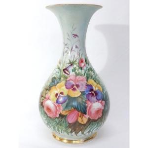 Très Grand Vase Porcelaine XVIII° / XIX° Email Céladon Fleurs Roses Aubépines Pensées Campanules