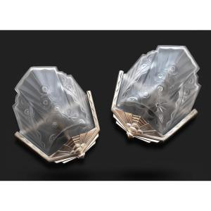 Art Deco 1930 Paire d’appliques signées verre metal lampes murales art déco luminaire verrerie 