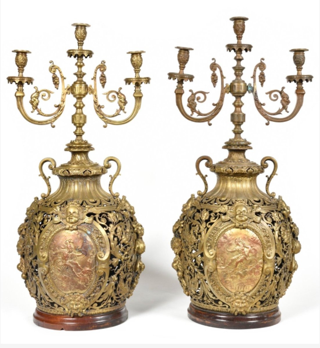 Important Pair Of Candelabers In Patinated Bronze, With Openwork Design 