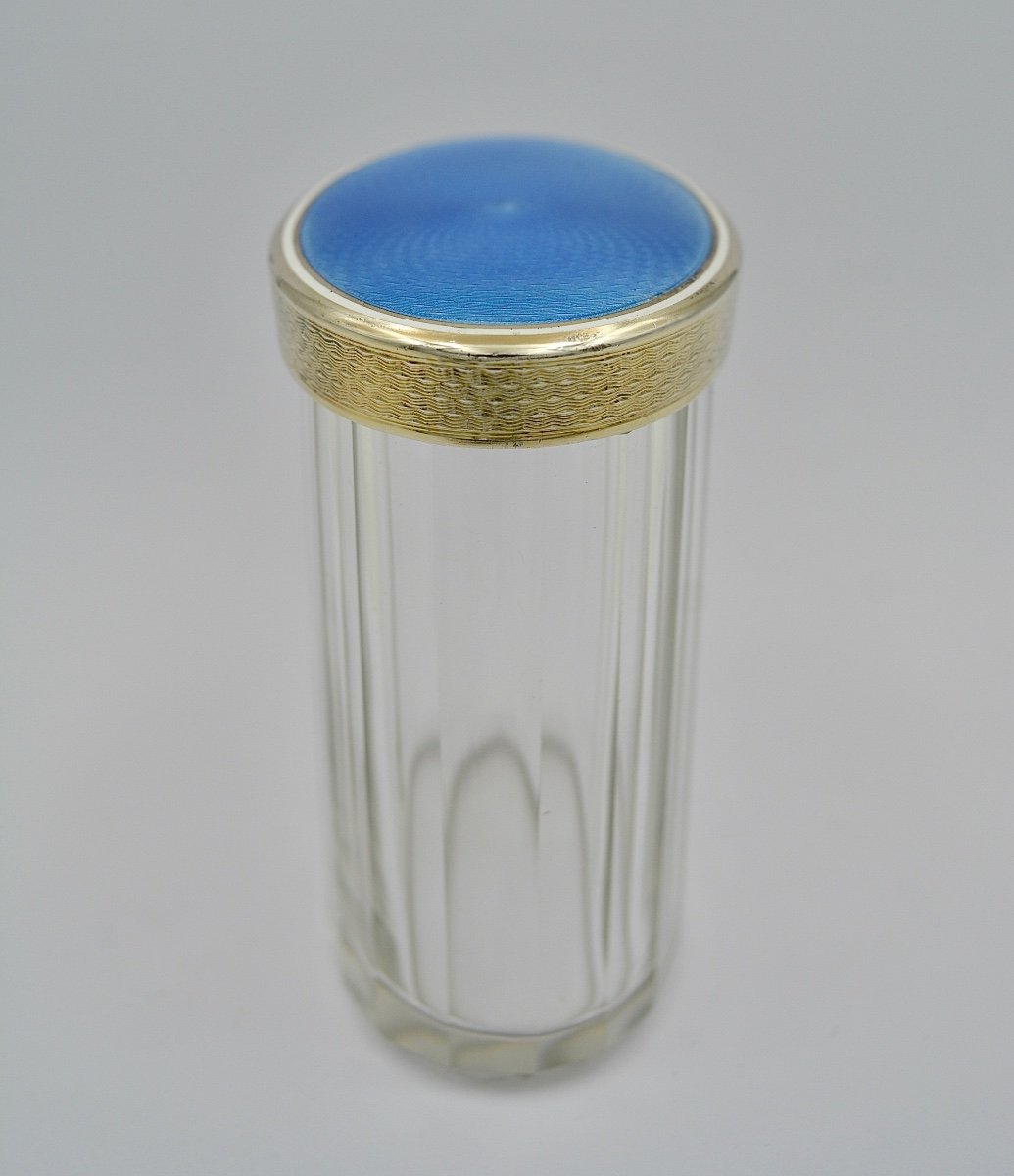 Art Deco Period. Glass And Silver Blue Enamel Toilet Box, France-photo-4