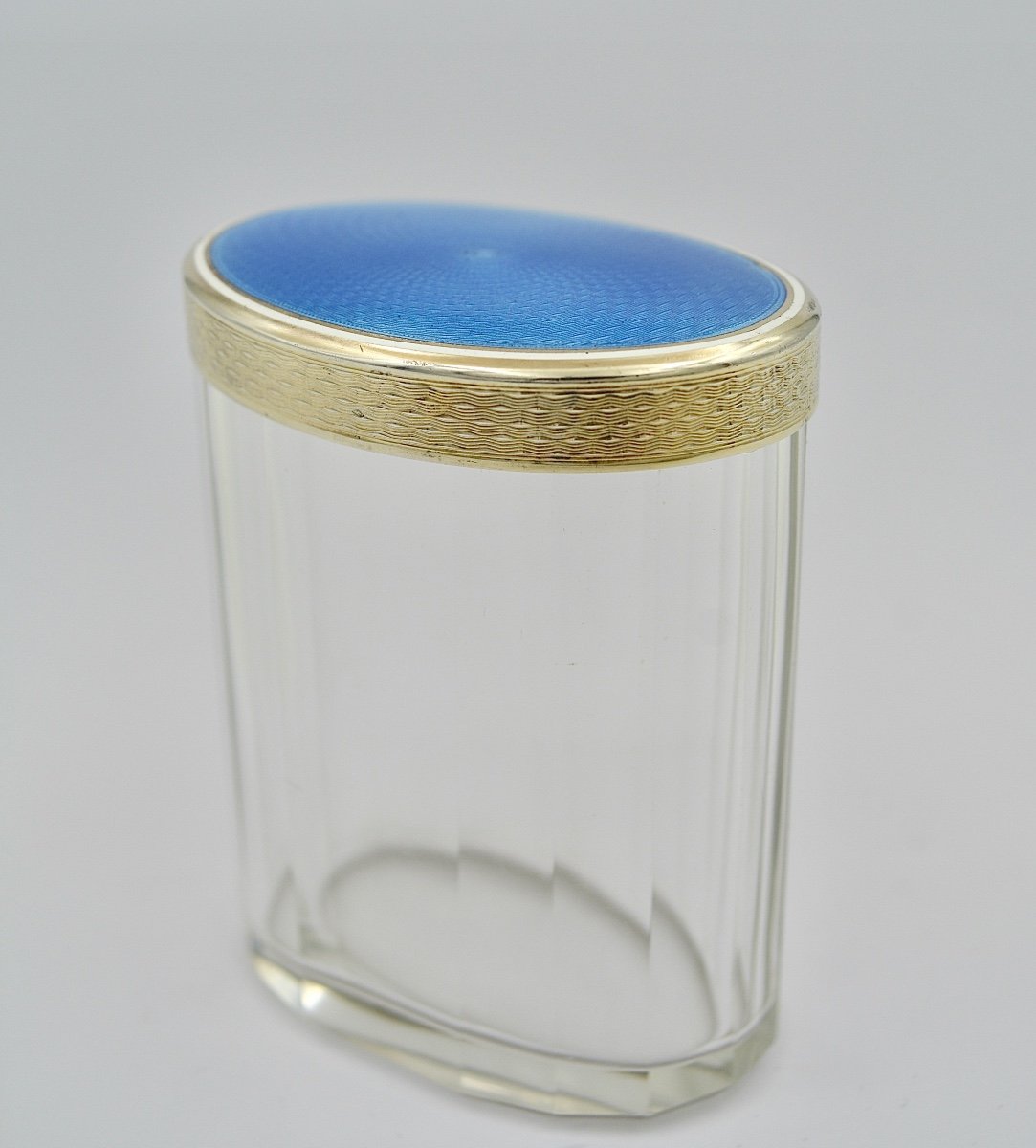 Art Deco Period. Glass And Silver Blue Enamel Toilet Box, France