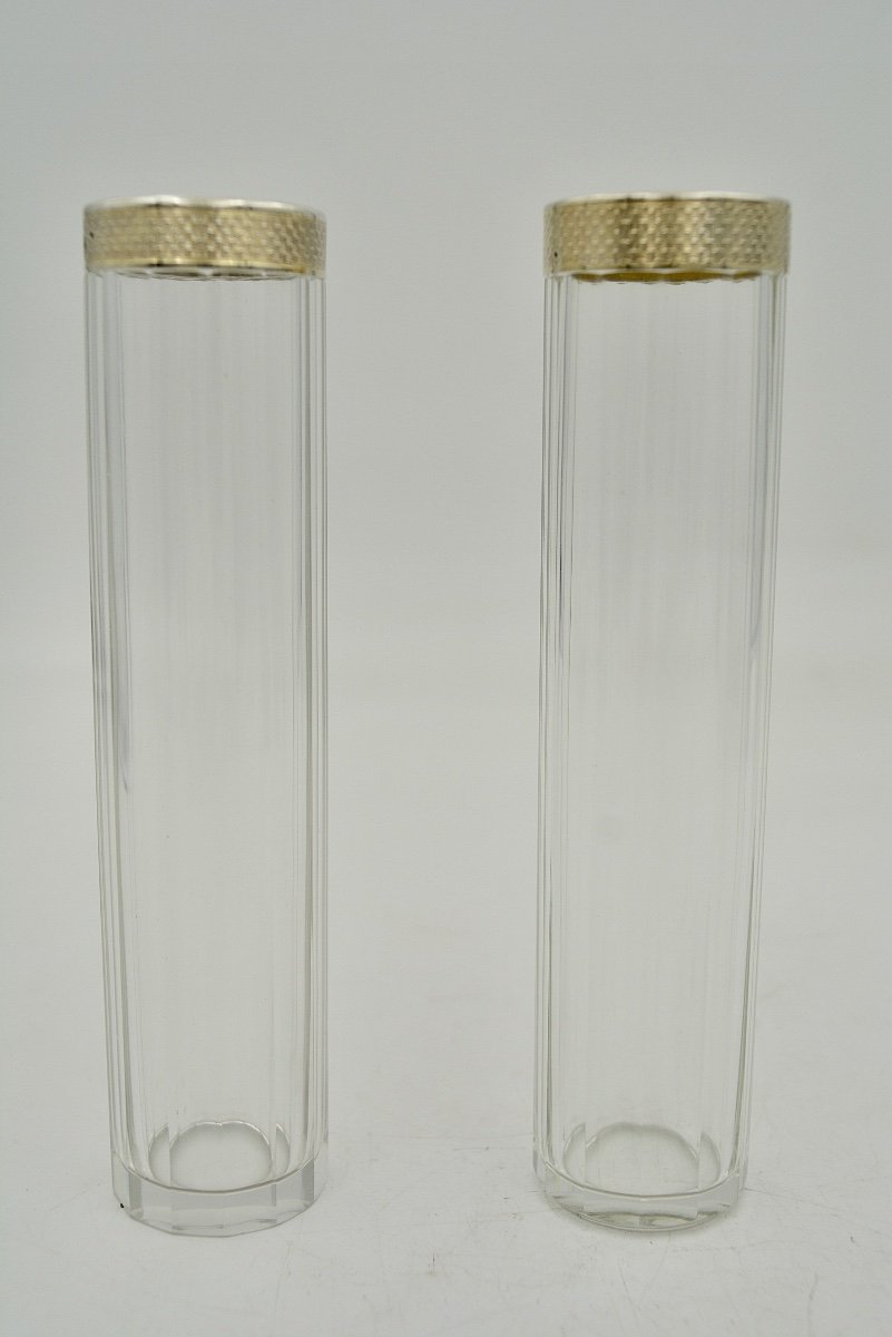 Art Deco Period, Pair Of Silver Enamel Glass Toilet Boxes / Tubes-photo-2