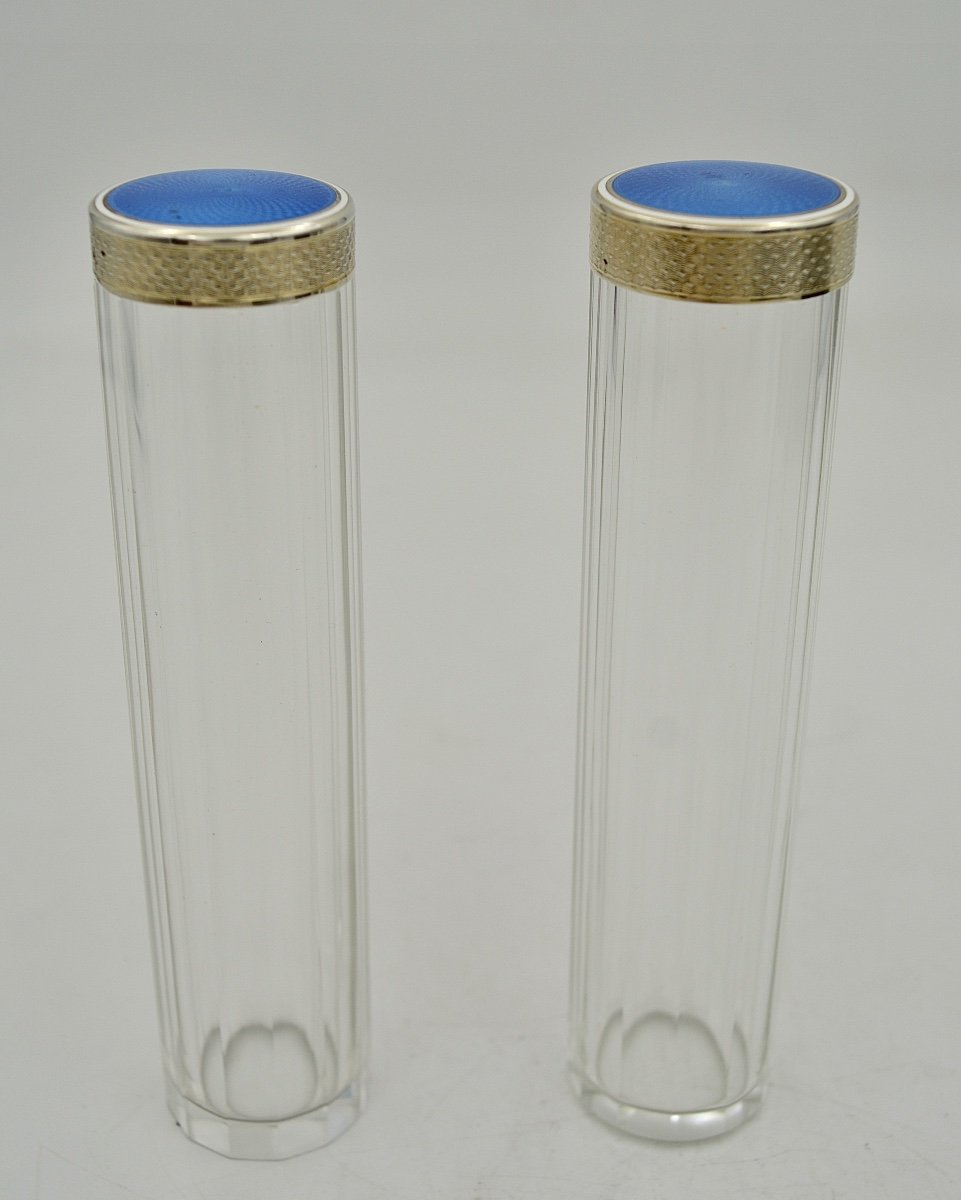 Art Deco Period, Pair Of Silver Enamel Glass Toilet Boxes / Tubes-photo-3