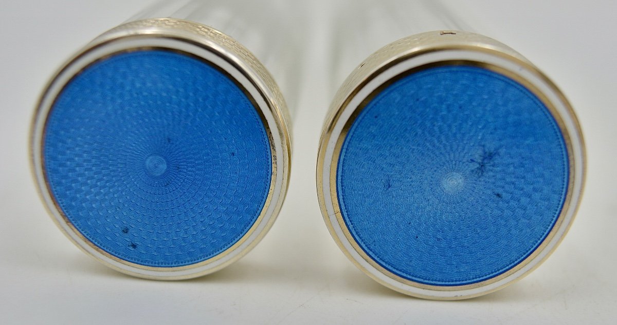 Art Deco Period, Pair Of Silver Enamel Glass Toilet Boxes / Tubes-photo-4