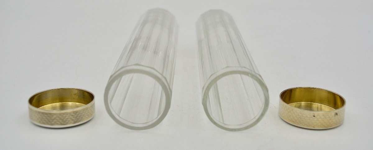 Art Deco Period, Pair Of Silver Enamel Glass Toilet Boxes / Tubes-photo-2
