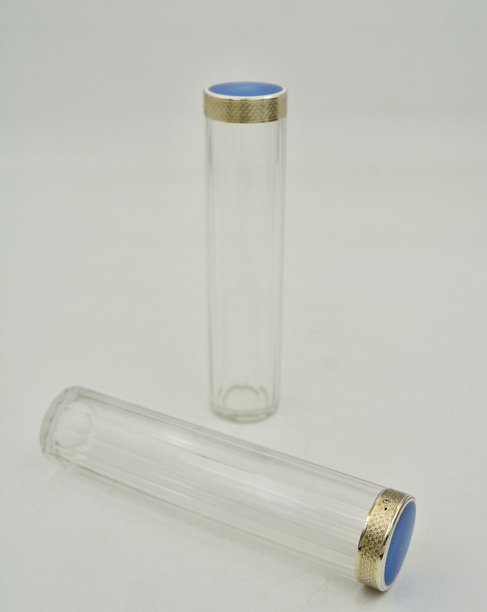 Art Deco Period, Pair Of Silver Enamel Glass Toilet Boxes / Tubes