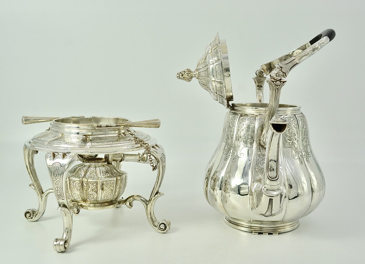Teapot With Its Support And Burner. Silver, Belgium Circa 1910-photo-2