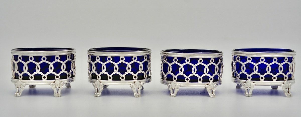 Ensemble: Quatre Salerons En Argent Et Cristal Bleu, Par Turquet Orfèvre Vers 1855-photo-3