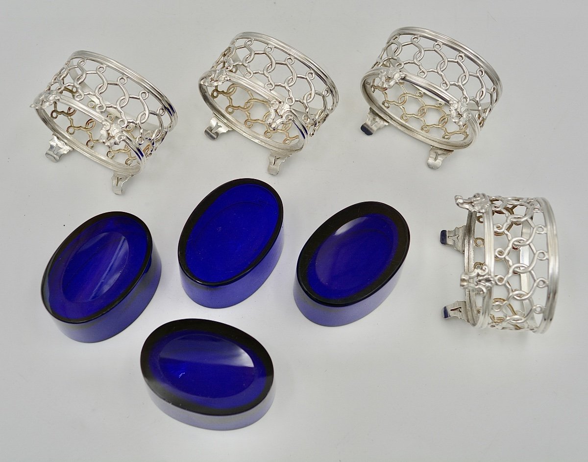 Ensemble: Quatre Salerons En Argent Et Cristal Bleu, Par Turquet Orfèvre Vers 1855-photo-1