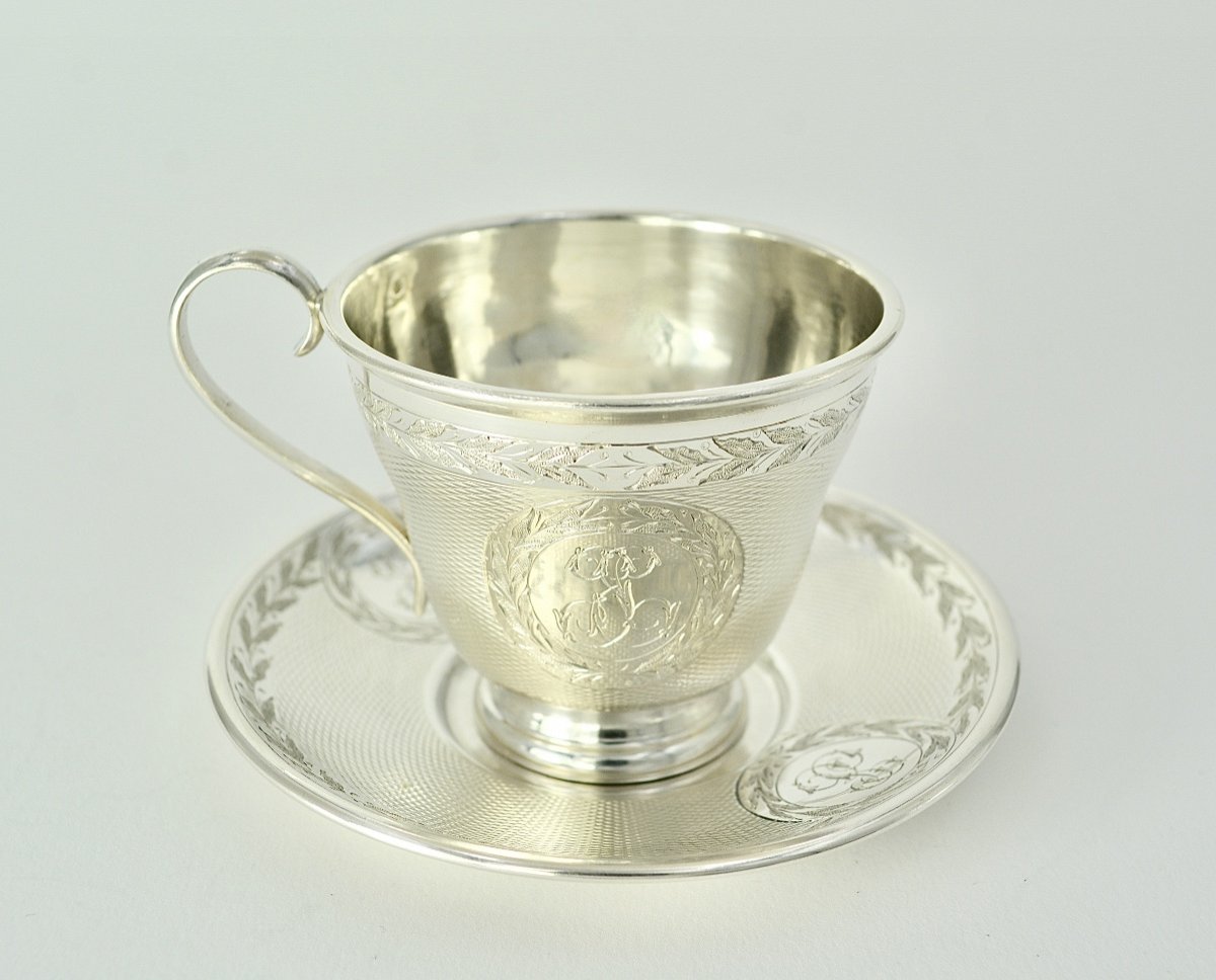 Tasse Et Sa Sous Tasse Argent Napoleon III Par Roussel  Orfèvre / 5 pièces disponibles 