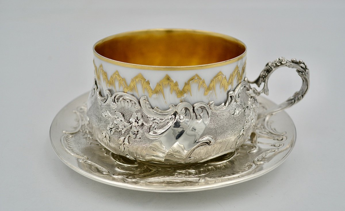 Cup And Its Saucer In Silver And Porcelain France Circa 1900-photo-3