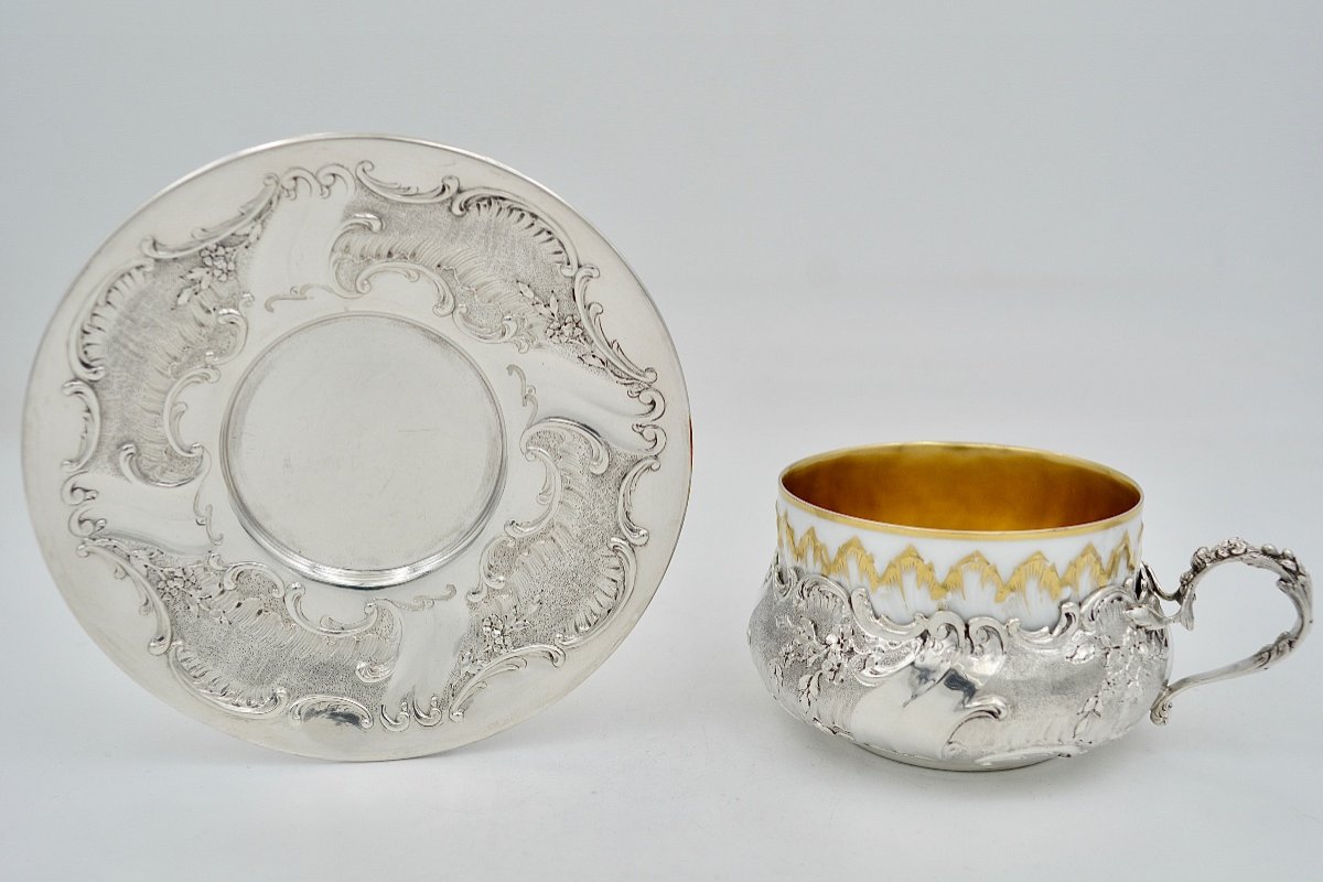 Cup And Its Saucer In Silver And Porcelain France Circa 1900-photo-2