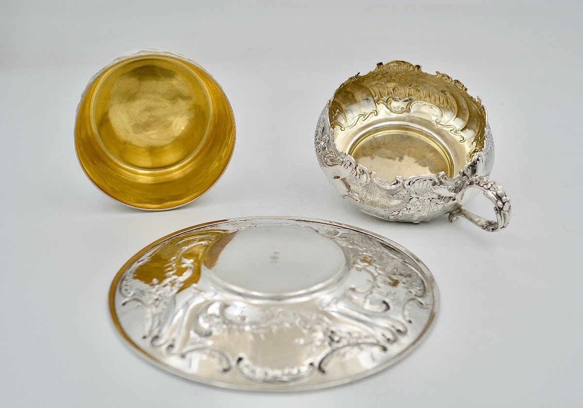 Cup And Its Saucer In Silver And Porcelain France Circa 1900-photo-3