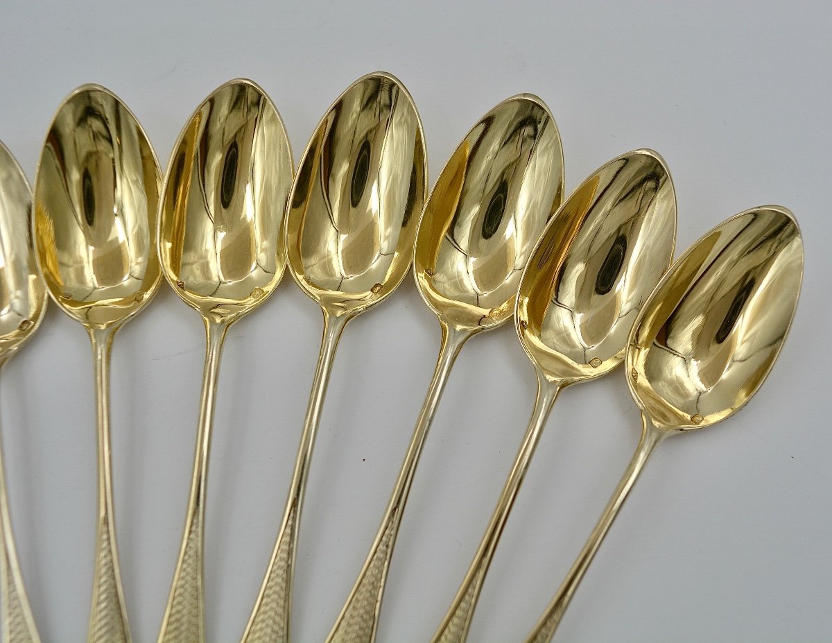 Douze Cuillères à Thé En Argent Doré, Par Henin Orfèvre -photo-6