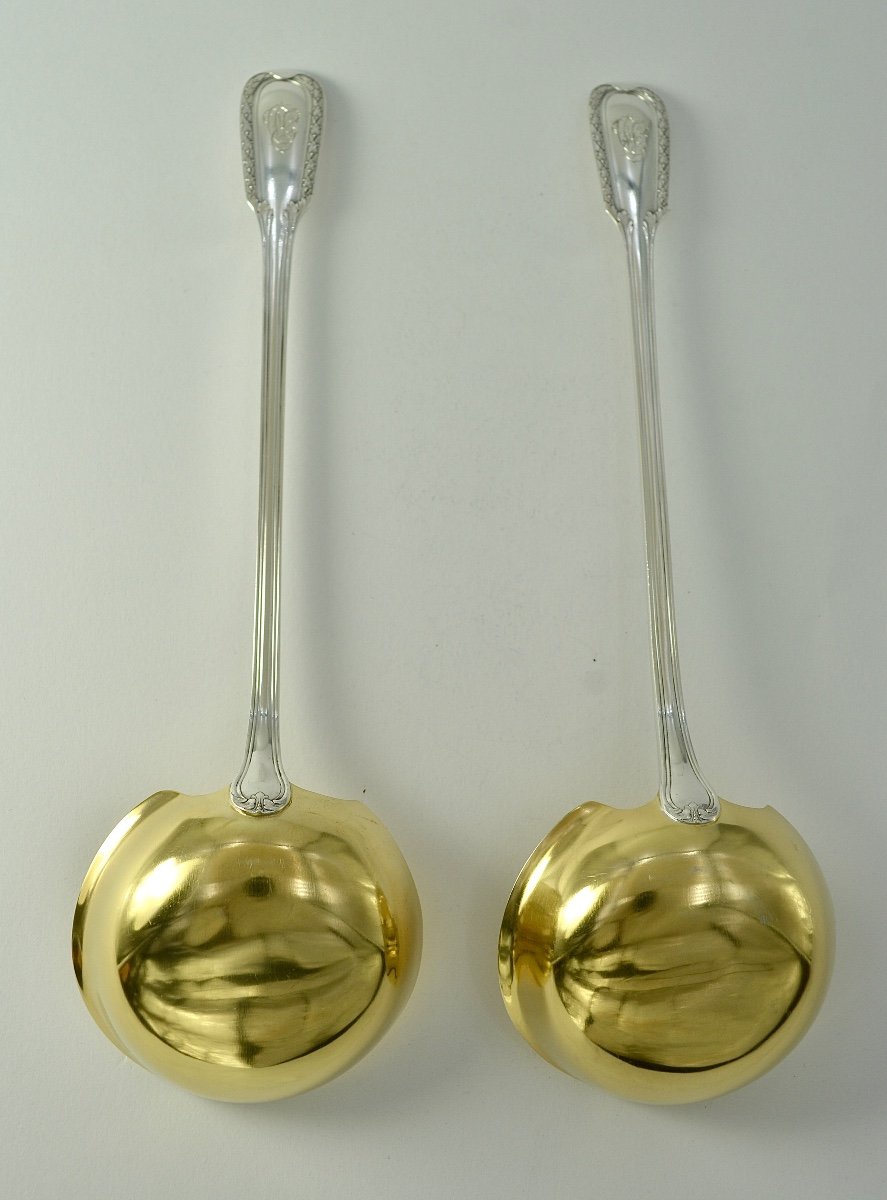 Puiforcat Goldsmith. Pair Of Silver Cream Ladles, France Late 19th Century -photo-3