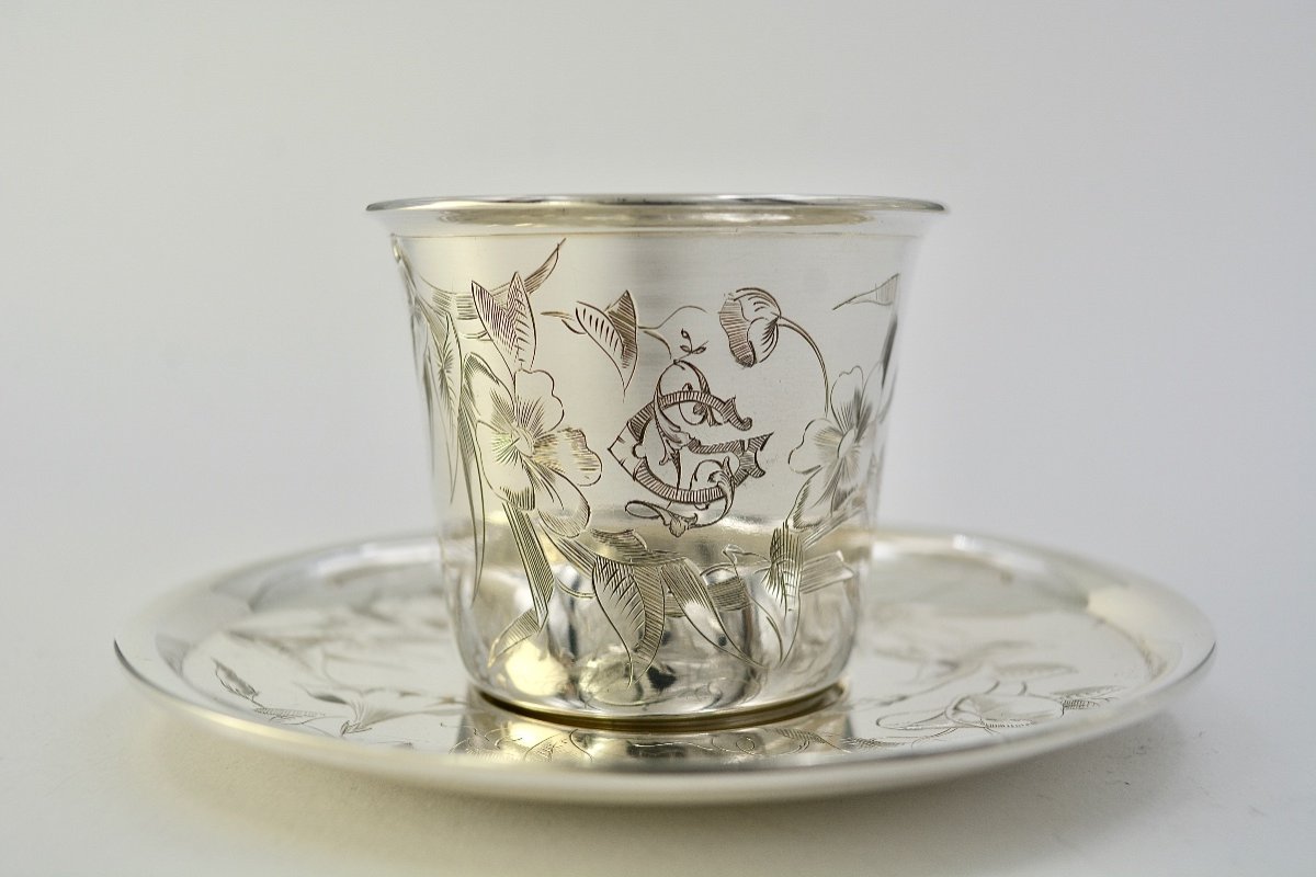Art Nouveau. Cup And Its Saucer In Silver, France 1886-1894-photo-2