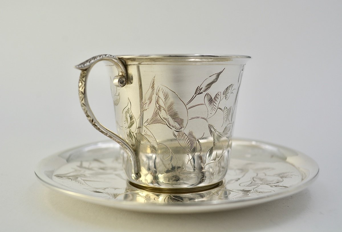 Art Nouveau. Cup And Its Saucer In Silver, France 1886-1894-photo-3