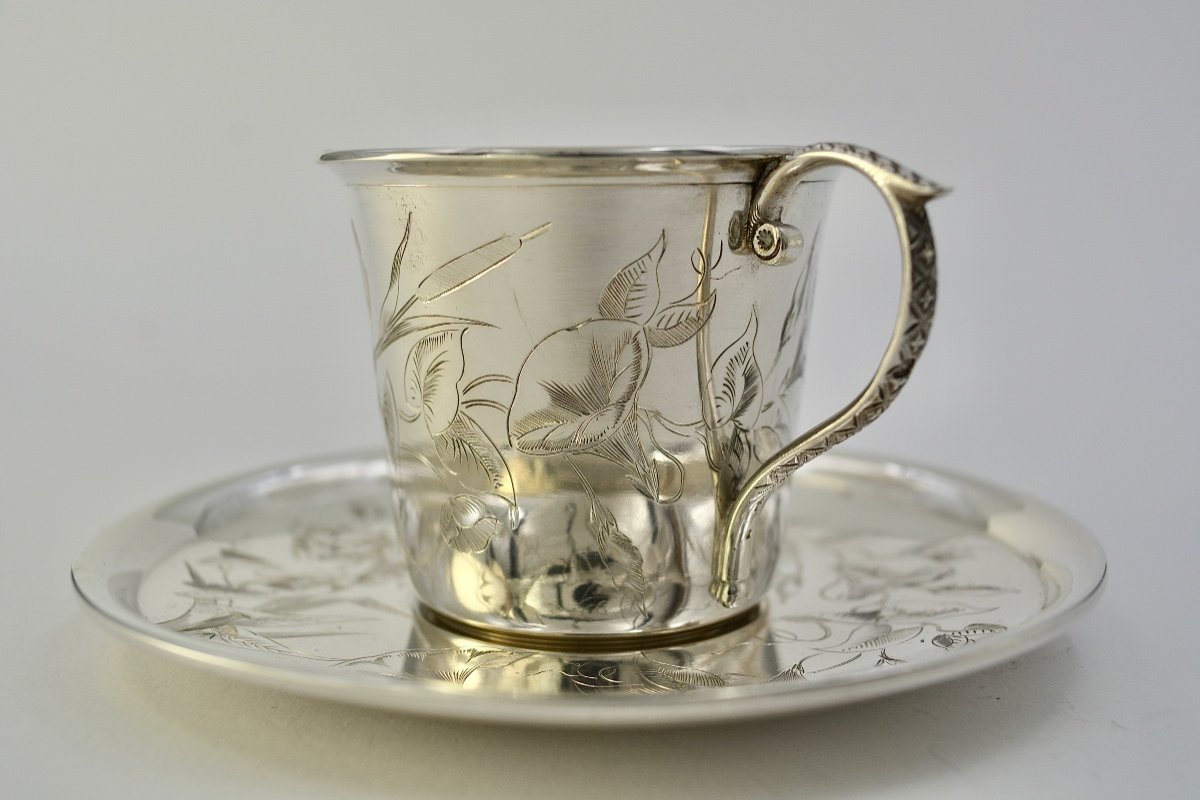 Art Nouveau. Cup And Its Saucer In Silver, France 1886-1894-photo-4