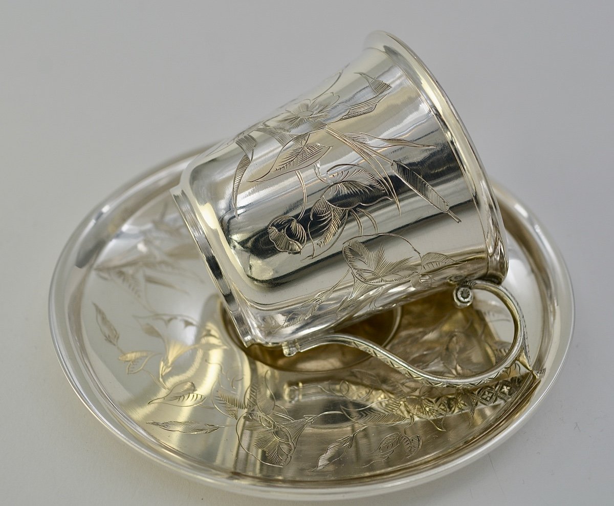 Art Nouveau. Cup And Its Saucer In Silver, France 1886-1894-photo-3