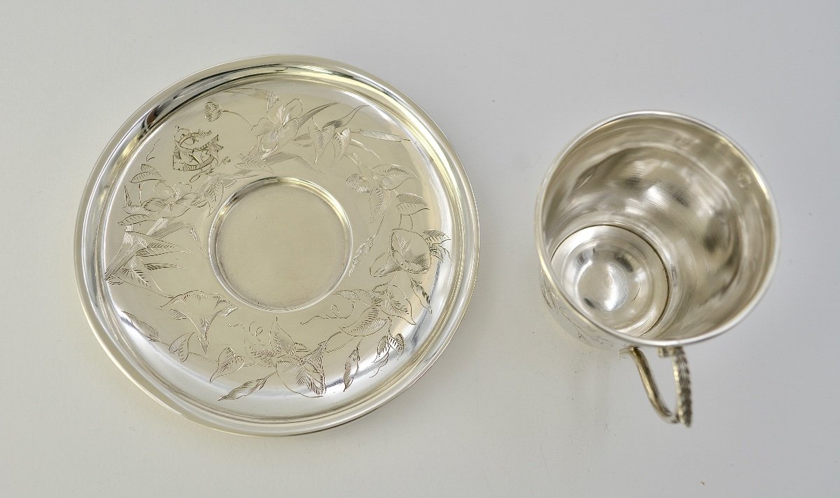 Art Nouveau. Cup And Its Saucer In Silver, France 1886-1894-photo-5