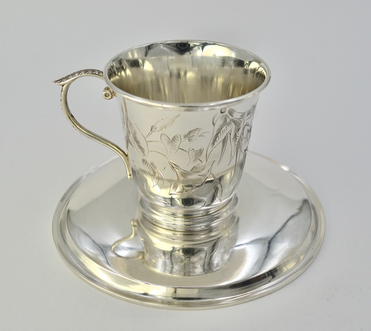Art Nouveau. Cup And Its Saucer In Silver, France 1886-1894-photo-7