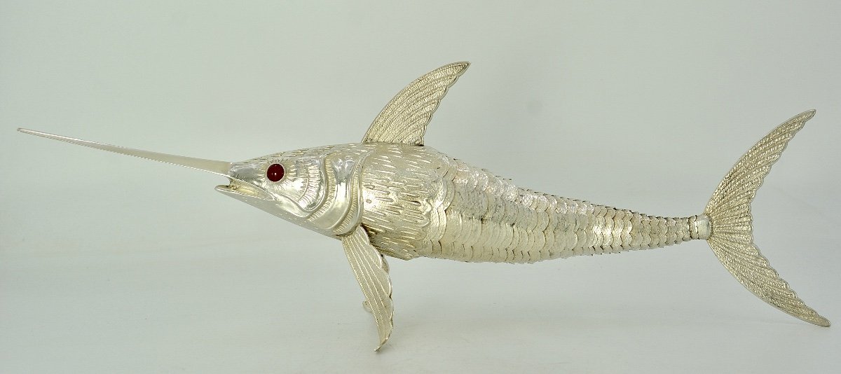 Articulated Swordfish Fish In Silver Spain Mid 20th Century 