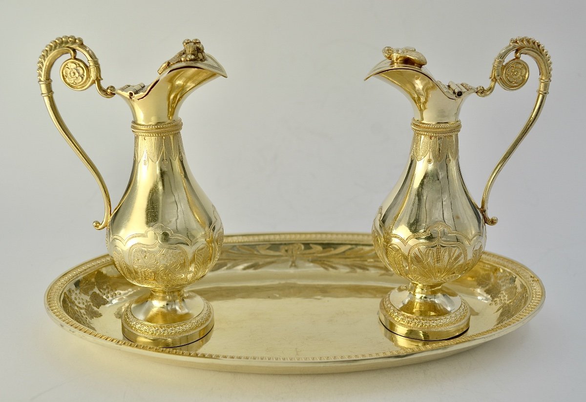 Pair Of Cruets And Their Tray, Gilt Silver, France 1831-1847