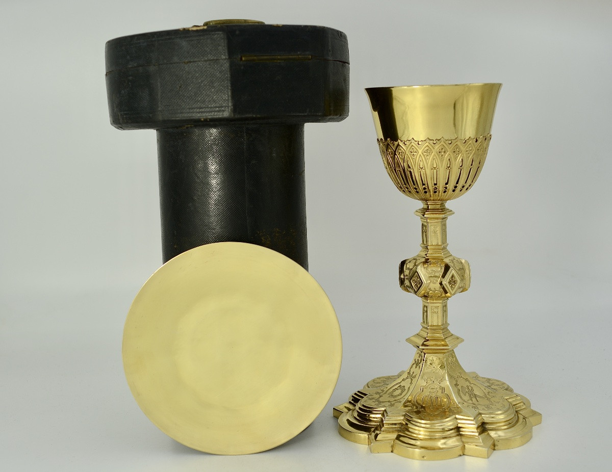 Chalice And Its Paten, Silver Gilt, France Favier Frères Circa 1850-photo-2
