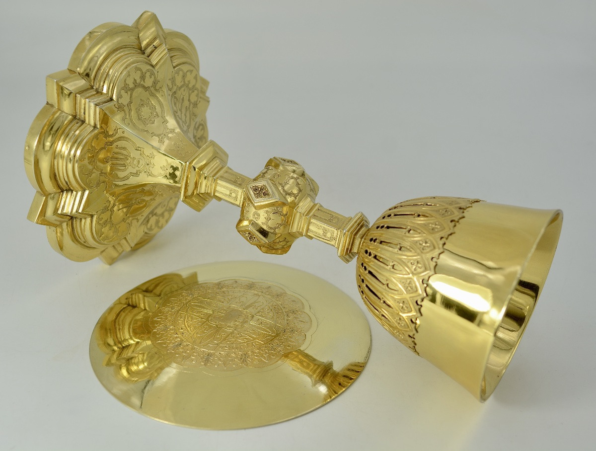 Chalice And Its Paten, Silver Gilt, France Favier Frères Circa 1850-photo-4