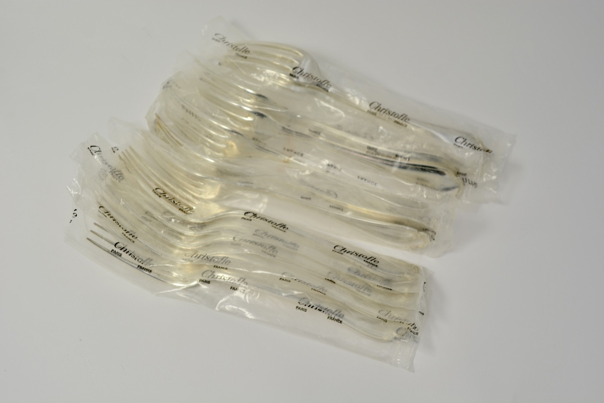 Christofle France, Pompadour, Twelve Table Forks, Silver Plated Metal-photo-2