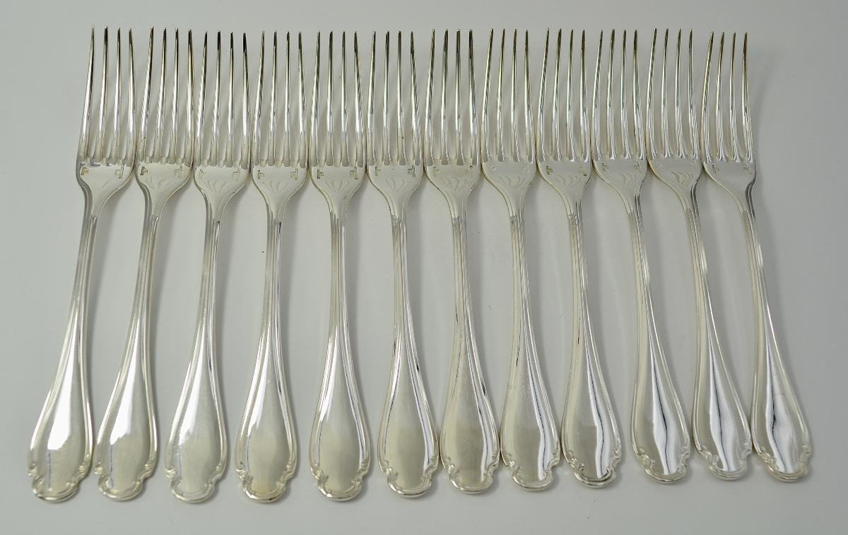 Christofle France, Pompadour, Twelve Table Forks, Silver Plated Metal-photo-4