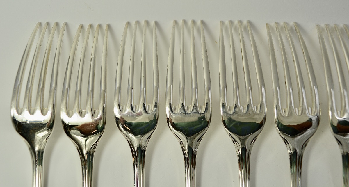 Christofle France, Pompadour, Twelve Table Forks, Silver Plated Metal-photo-2