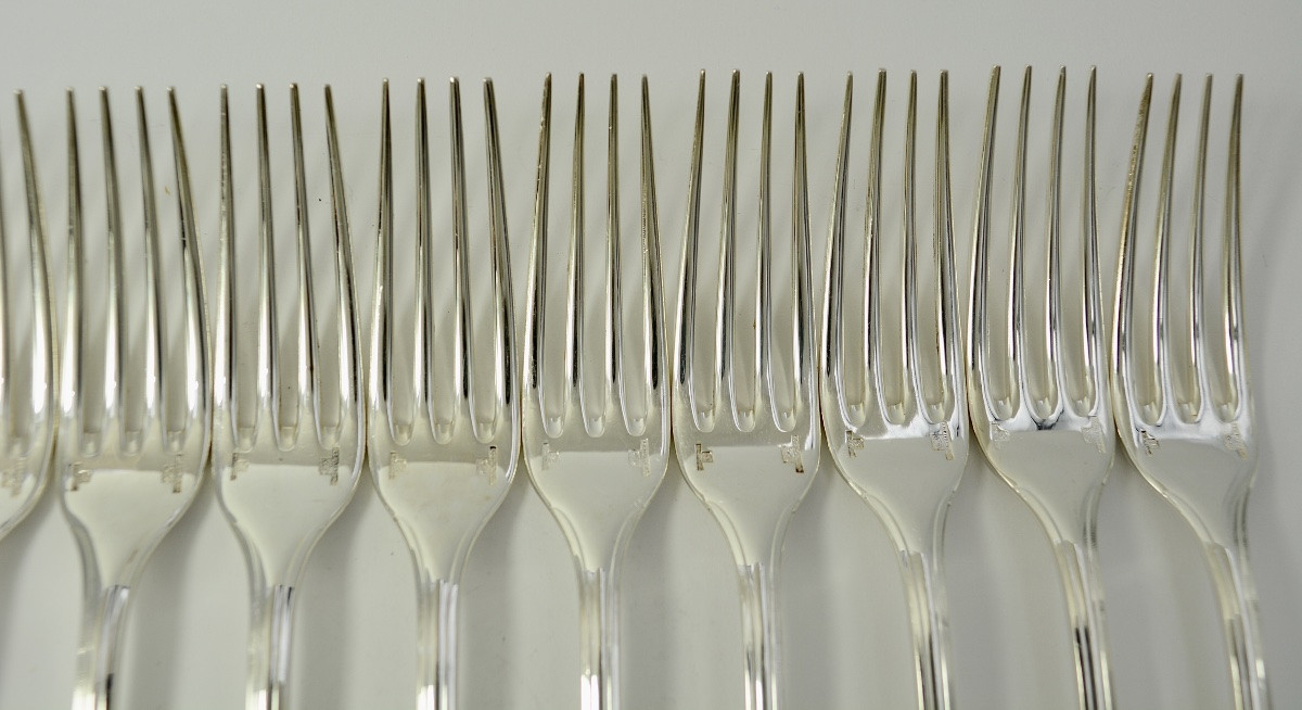 Christofle France, Pompadour, Twelve Table Forks, Silver Plated Metal-photo-3